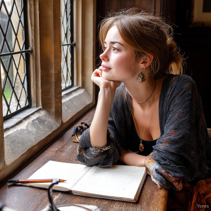 A woman sits at a desk, looking out the window with her hand on her chin.