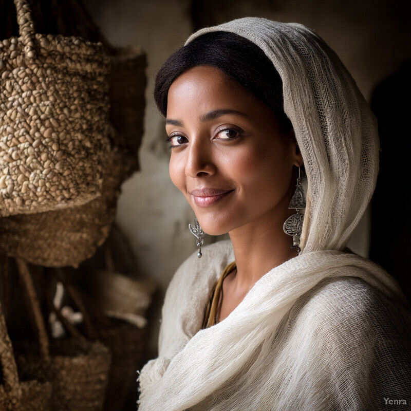 A woman with dark skin wears a white headscarf and large silver earrings, posing in front of a blurred background that suggests intimacy and privacy.