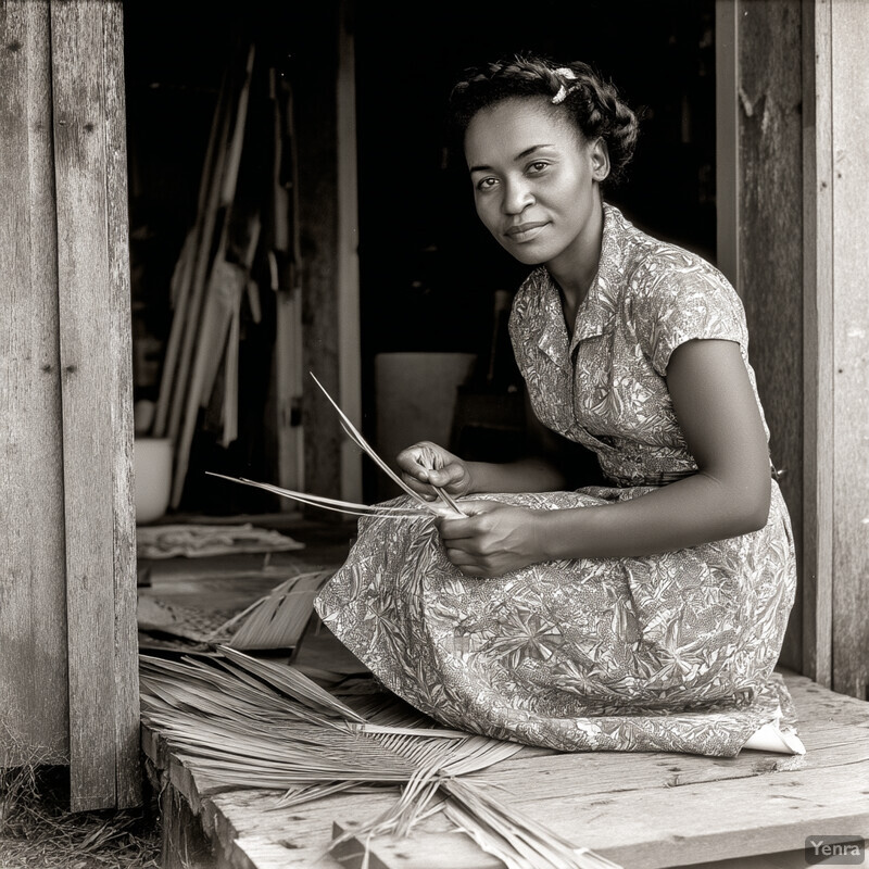 A young girl sits amidst piles of palm leaves, crafting or weaving, in a home or workshop setting.