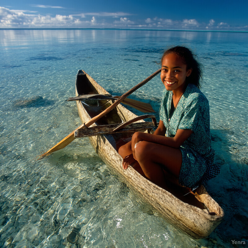 A young girl sits in a wooden boat with an oar, surrounded by clear blue water and lush greenery.