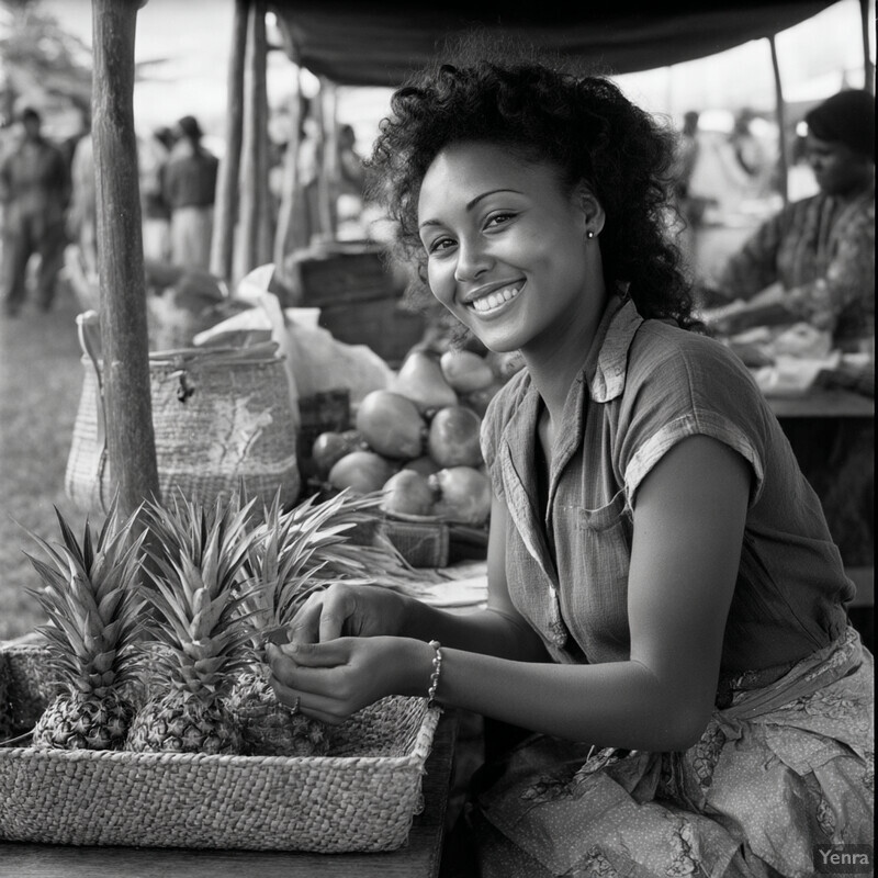 Outdoor market scene featuring young woman with curly hair and baskets
