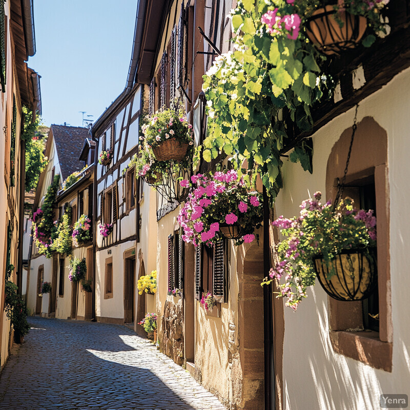 A charming European town with traditional half-timbered houses and cobblestone streets