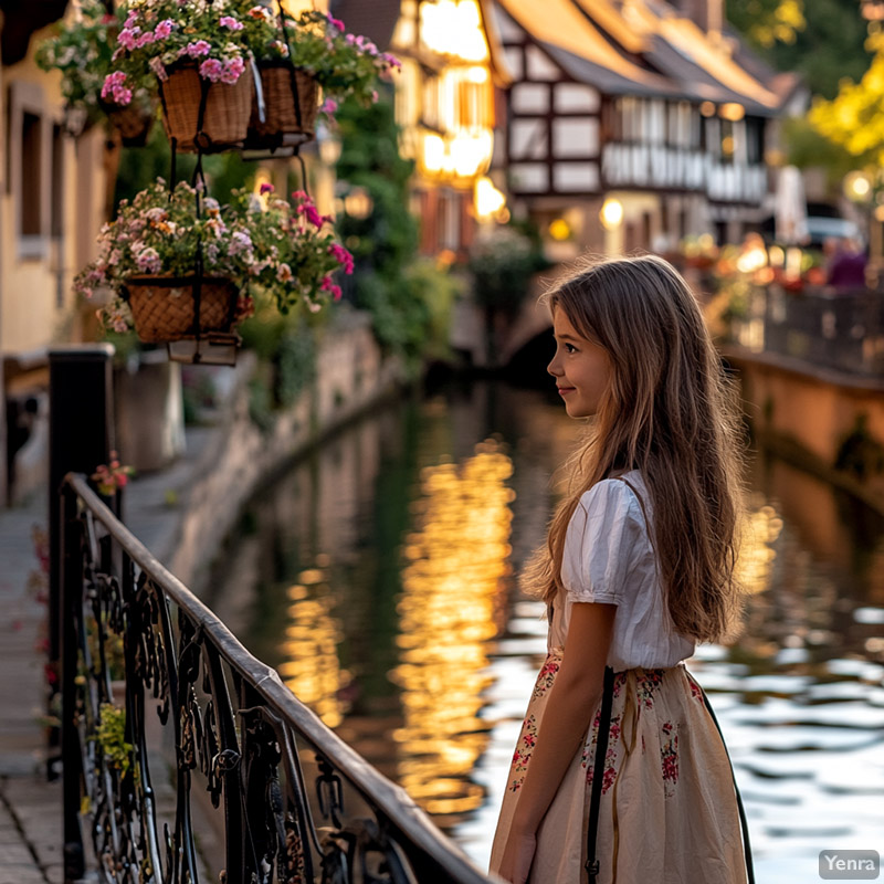 A young girl stands on a bridge overlooking a canal in an old town, wearing a white blouse and black skirt.