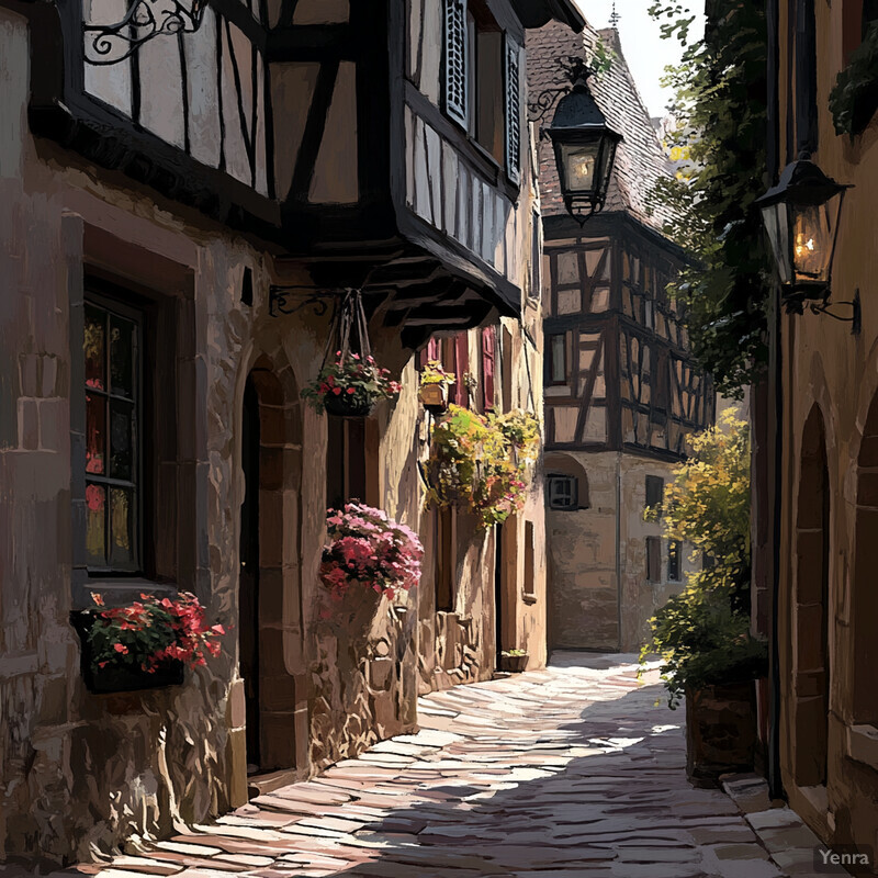 A picturesque village street in Alsace, France, with half-timbered houses, cobblestone road, horse-drawn carriage, and a man standing near the middle of the street.