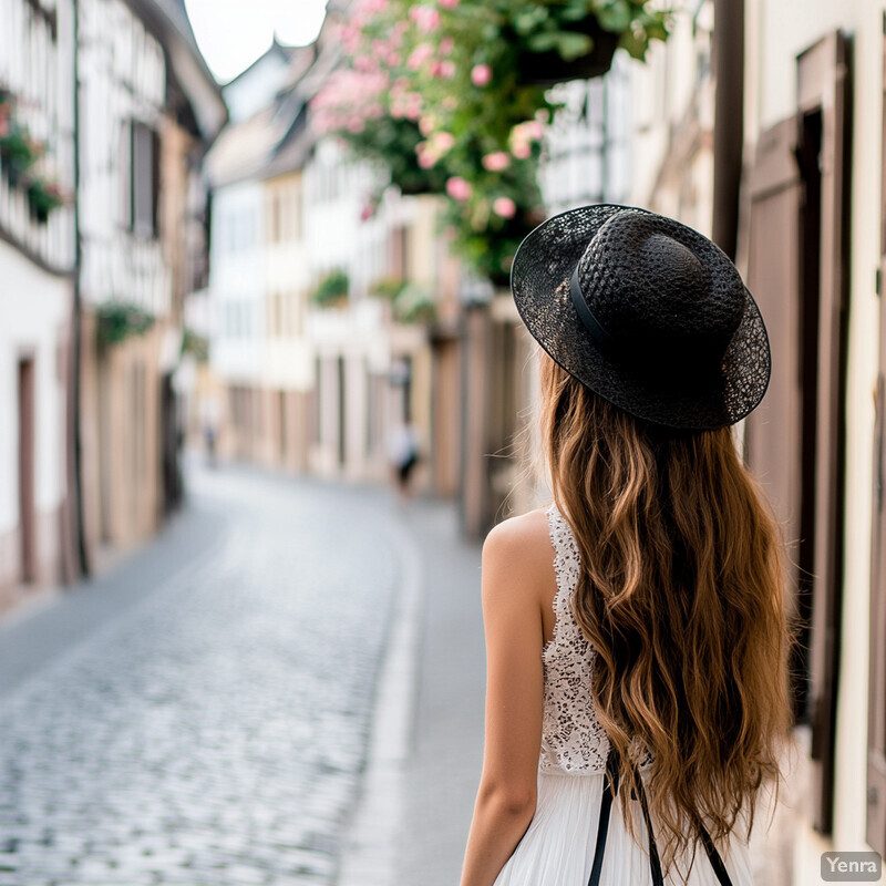 A woman walks down a cobblestone street in an old European town