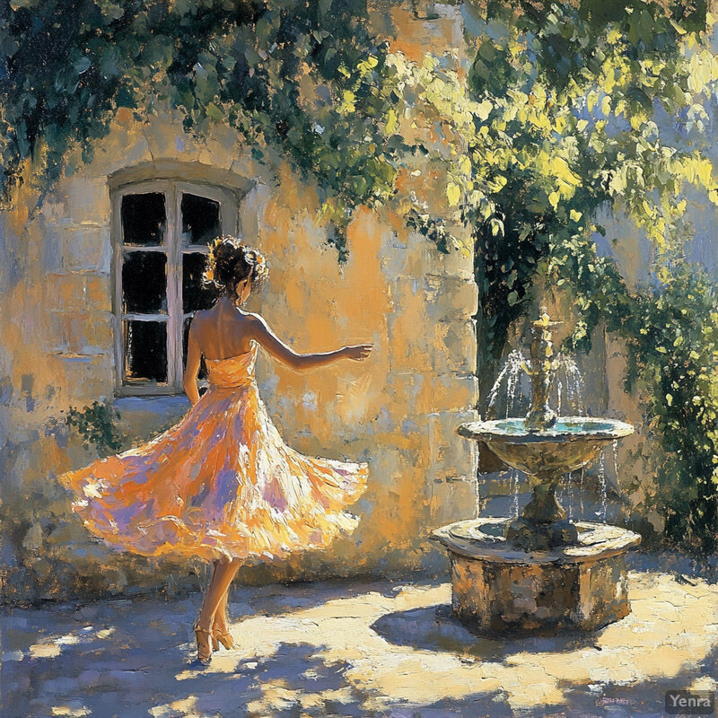 A woman in a yellow dress stands in front of a stone building, gazing at a fountain.