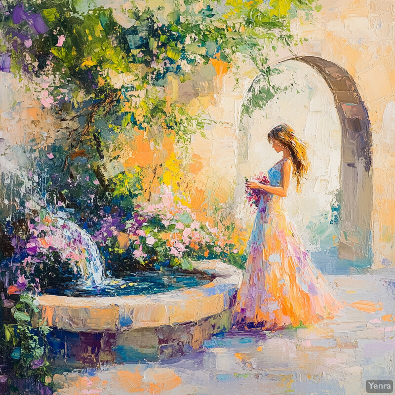 A woman stands in front of an arched doorway, surrounded by lush greenery and vibrant flowers.