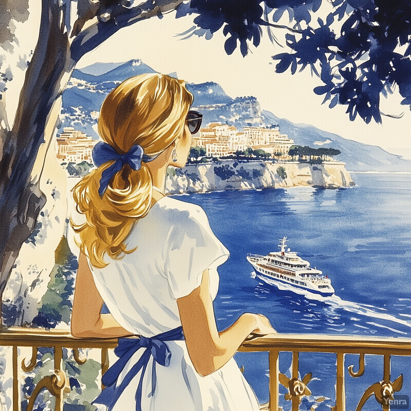 A woman stands on a balcony overlooking a coastal town with a large cruise ship in the distance.