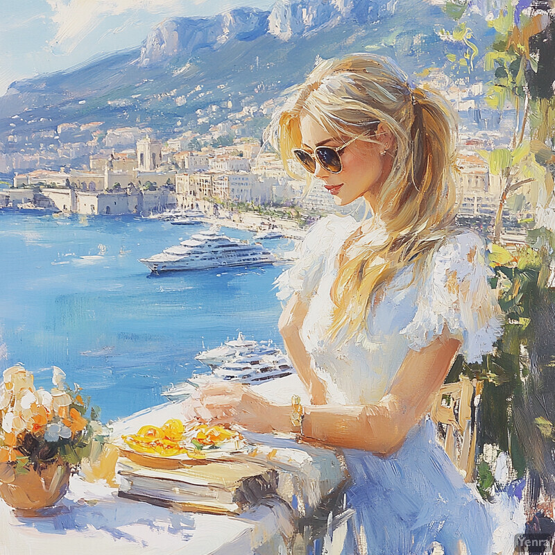 A young woman sits at an outdoor table overlooking a coastal town or village, gazing down at a plate of food while wearing a white lace top and light blue pants.