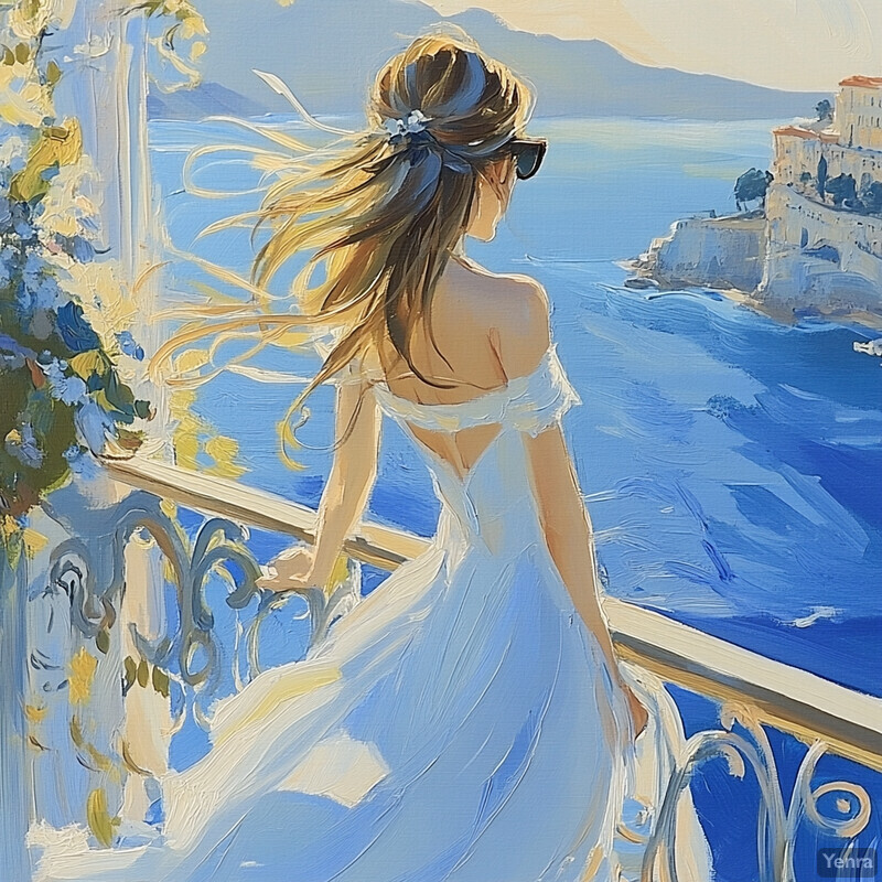 A woman stands on a balcony overlooking a body of water, surrounded by natural beauty and refinement.