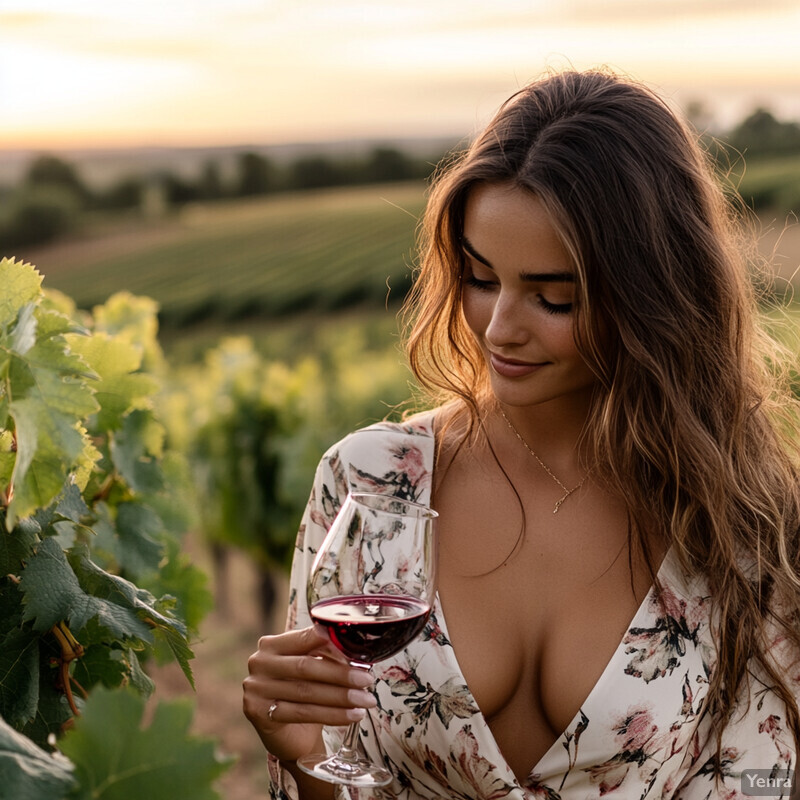 Woman enjoying wine in vineyard