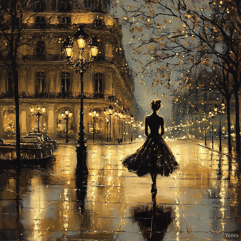 A woman strolls down a romantic boulevard at night, surrounded by elegant buildings and street lamps.