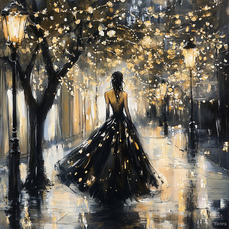 A woman in a long, black dress stands on a city street at night