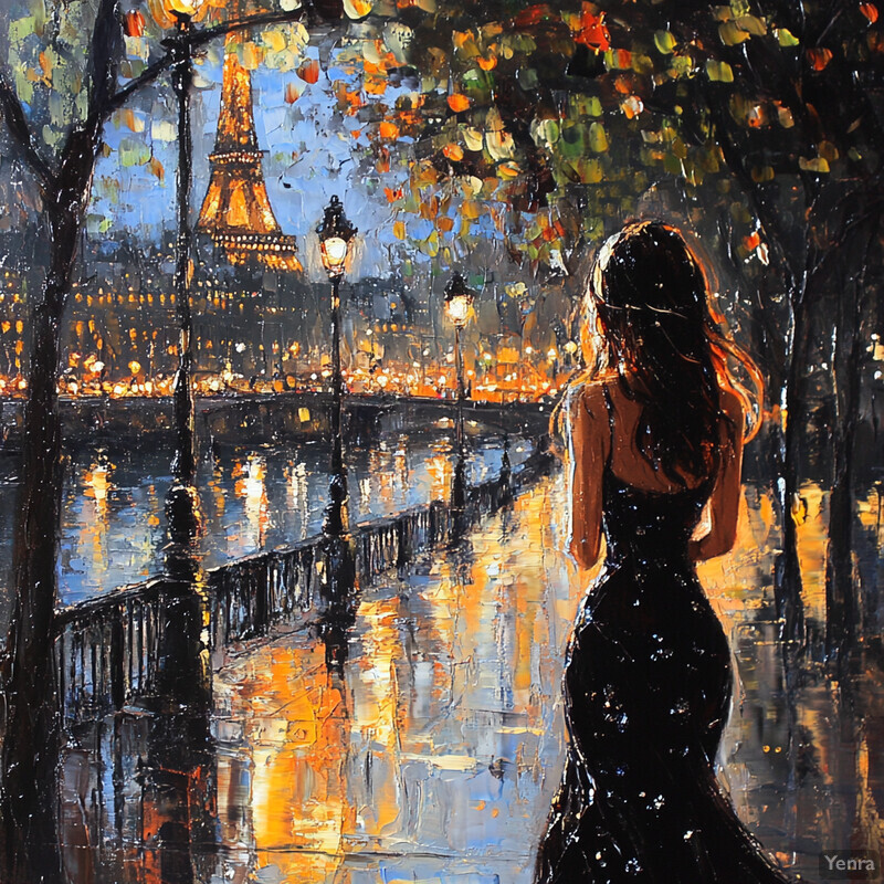 A woman in a black dress stands on a bridge overlooking the Seine River in Paris, looking out at the Eiffel Tower.