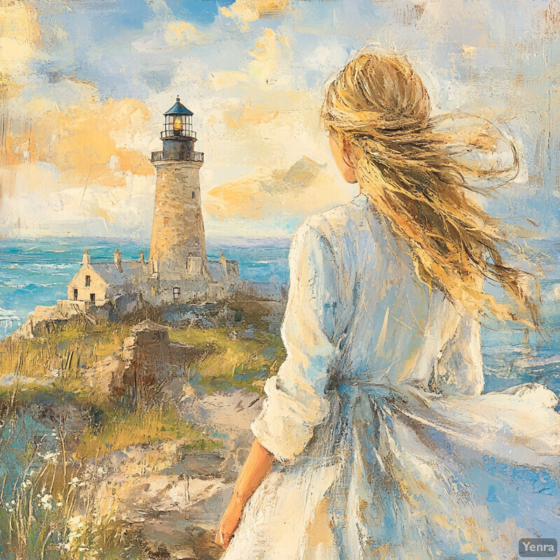 A woman stands on a rocky coastline, gazing at a lighthouse in the distance, exuding tranquility and peace.