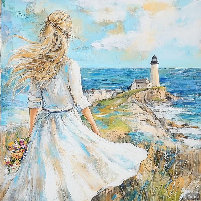 A woman stands on a rocky cliff overlooking the ocean, holding flowers and gazing out at the water.