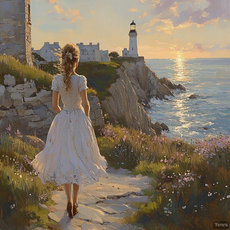 A woman walks along a coastal path, gazing out at the sea and lighthouse in the distance.