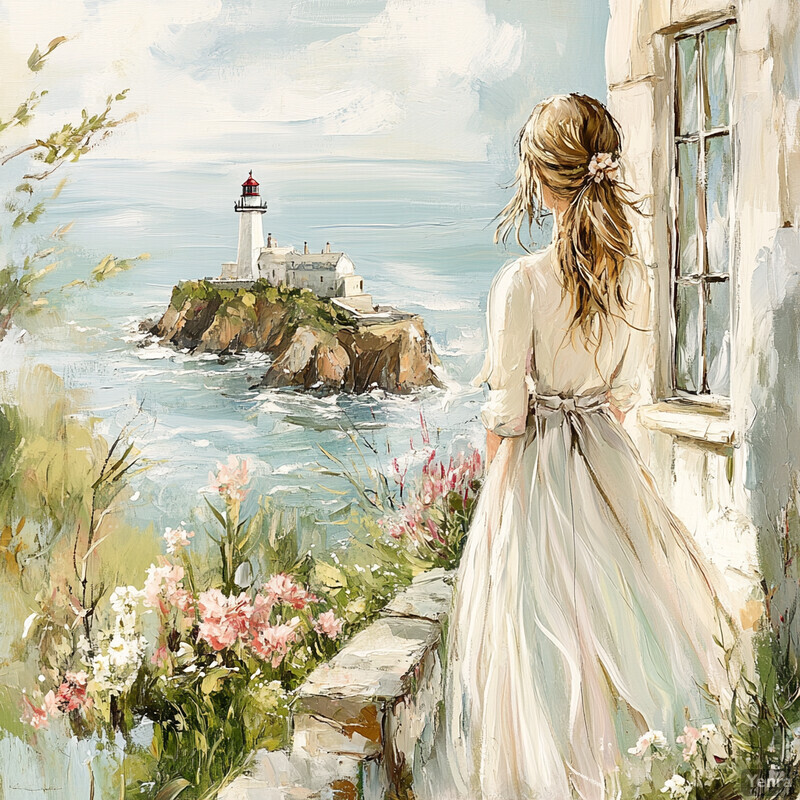 A young woman stands on a cliff overlooking the ocean, gazing out at a lighthouse in the distance.