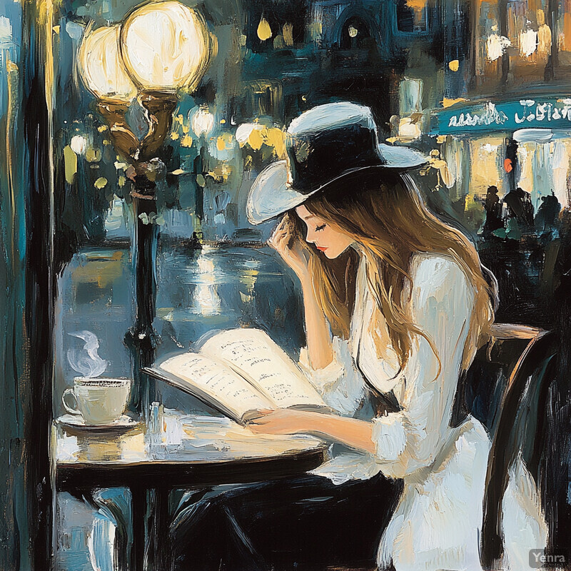 Oil painting of woman reading in cafe