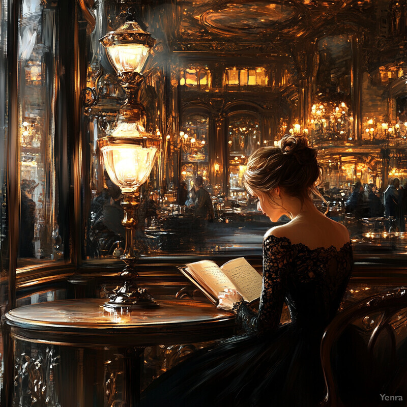 A woman sits at a table in a dimly lit room, surrounded by ornate decorations and chandeliers, reading a book.