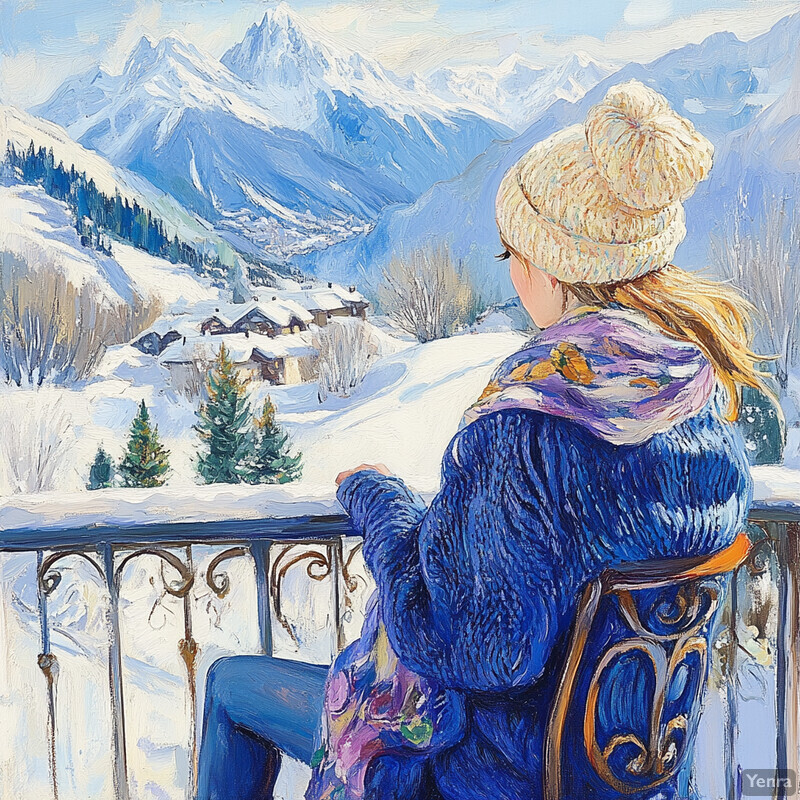 A serene winter scene of a woman gazing out at a snow-covered mountain range from a balcony or porch.