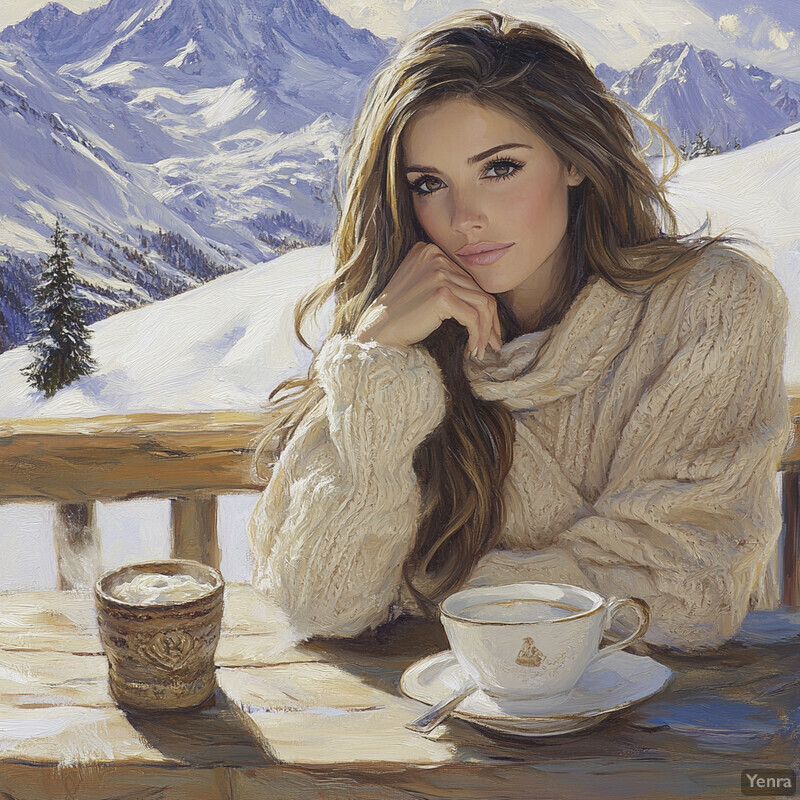 A serene winter scene featuring a woman on a mountain top