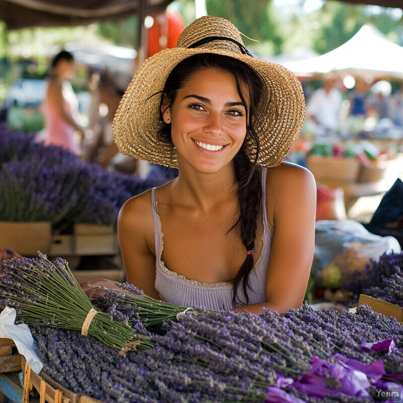 A woman stands behind a table laden with lavender flowers at an outdoor market, exuding a warm smile.