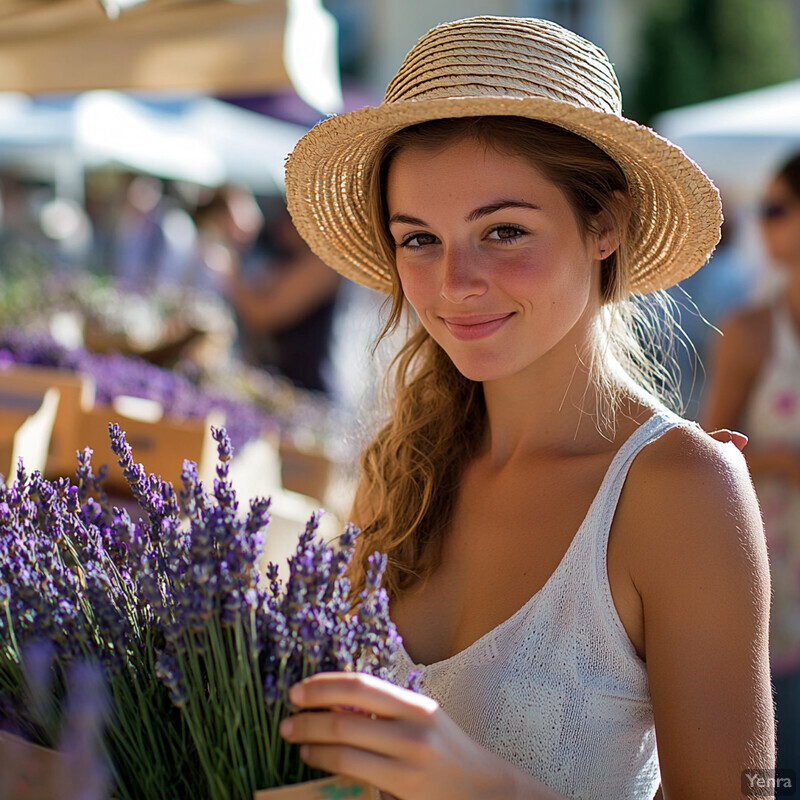 A young woman at an outdoor French market surrounded by lavender