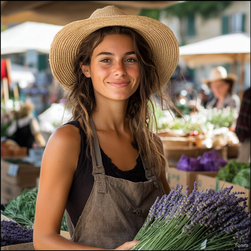 A young woman stands behind a stall at a French market, surrounded by fresh produce and flowers.