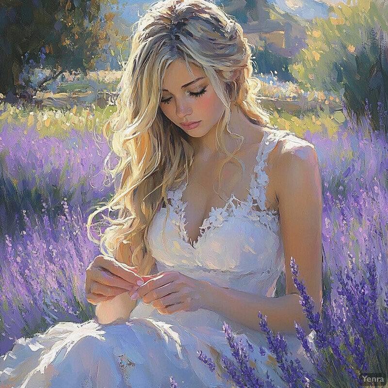 A young woman sits in a field of lavender, surrounded by tall purple flowers, lost in thought or contemplation.