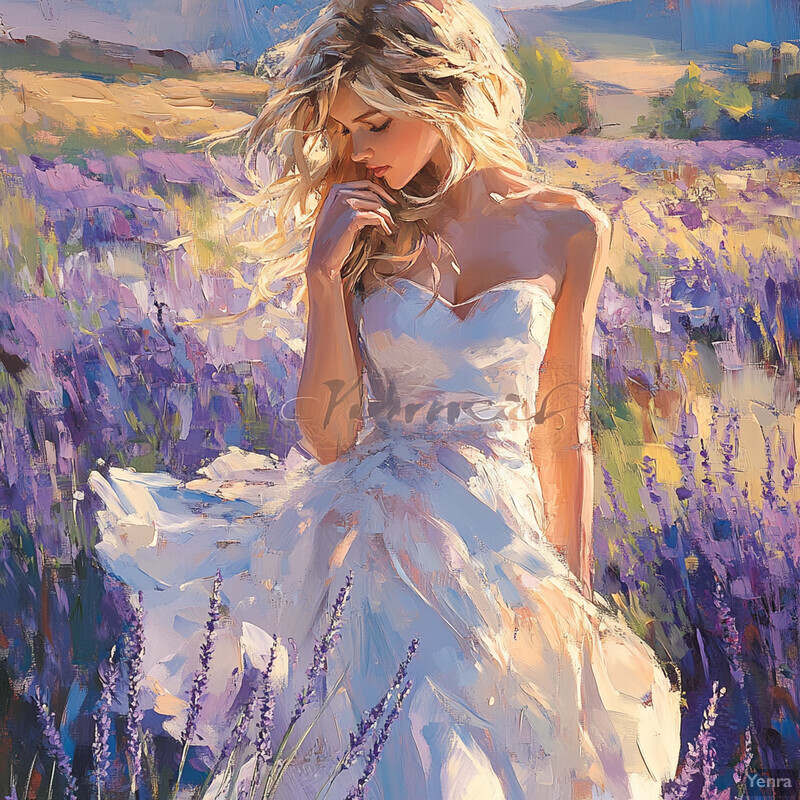 A young woman sits in a field of lavender, lost in thought, surrounded by a serene landscape.