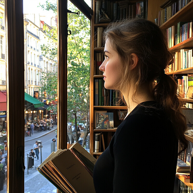 A young woman stands in front of a window surrounded by bookshelves filled with books, lost in thought as she gazes out.