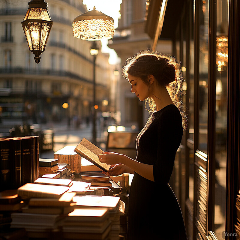 A woman stands in front of a table laden with books, lost in thought as she reads.