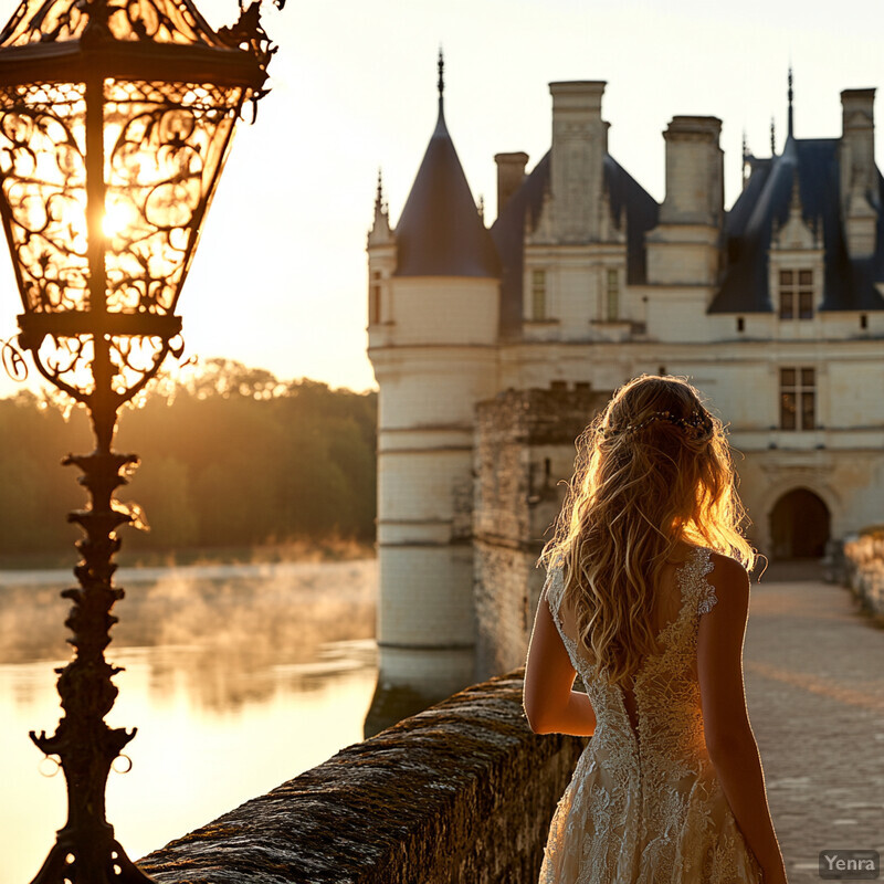 A woman in a wedding dress stands on a bridge overlooking a castle and body of water