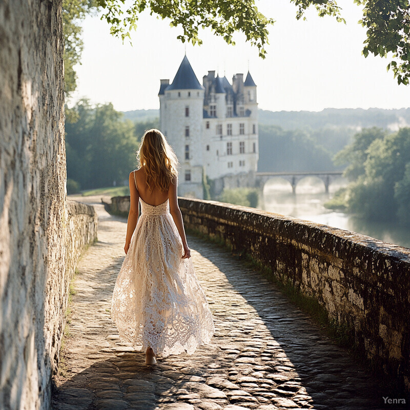 A woman walks along a stone path beside a river towards a large white castle-like building.