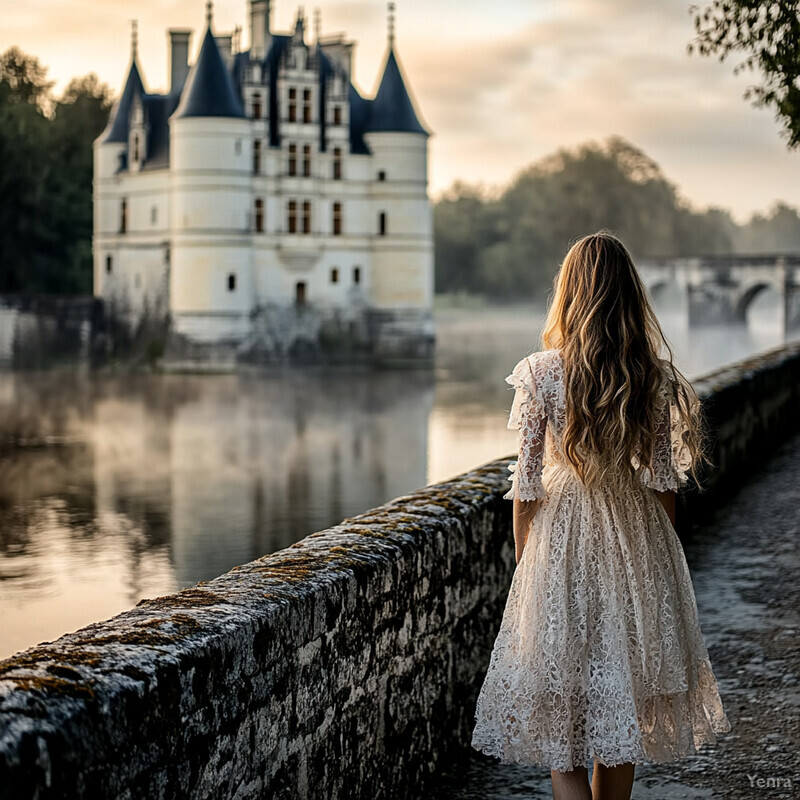 A serene and peaceful scene featuring a woman in a white lace dress walking along a stone wall beside a river with a blurred castle or building in the background.