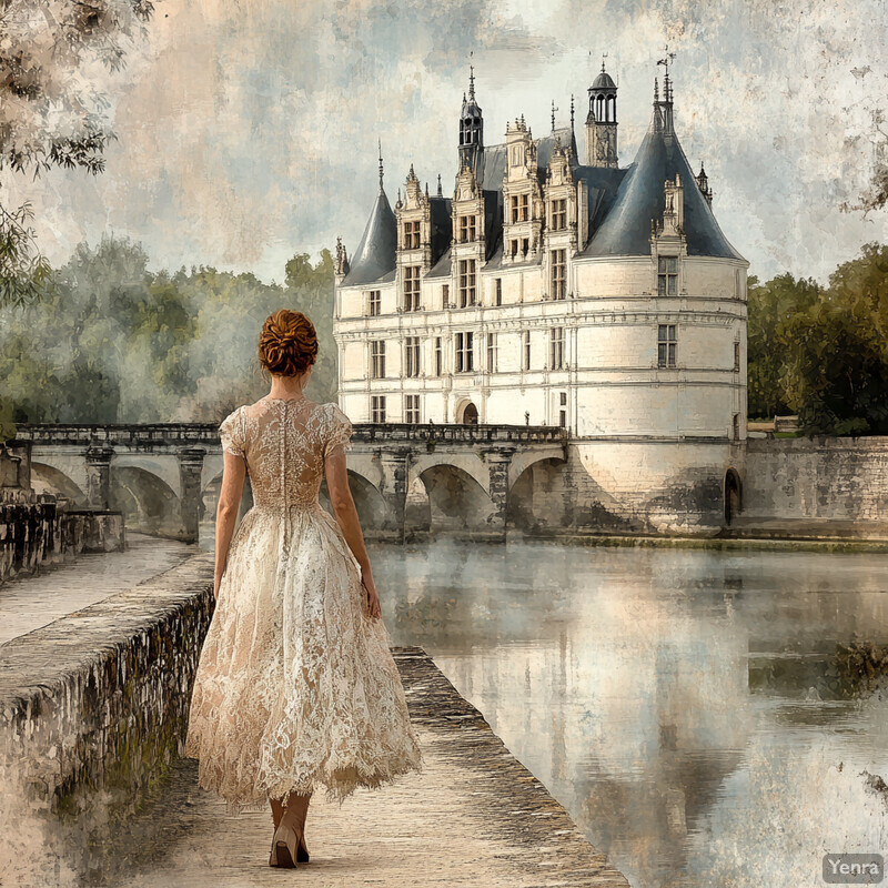 A woman in a white lace dress walks towards a large castle over a stone bridge.