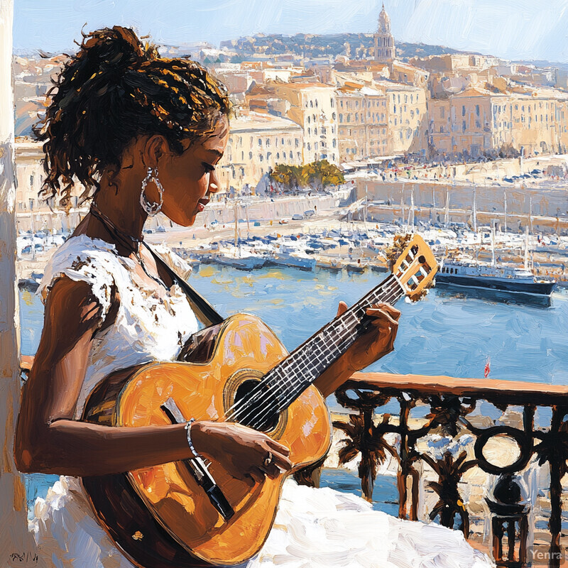 A woman plays guitar on a balcony overlooking the cityscape, exuding tranquility and contentment.