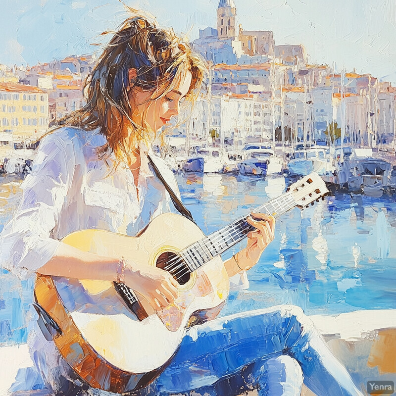 A woman playing guitar in front of a city skyline.