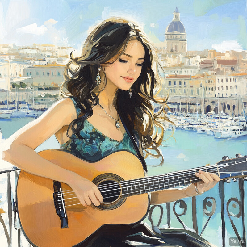 Woman playing guitar on balcony overlooking marina in Marseille