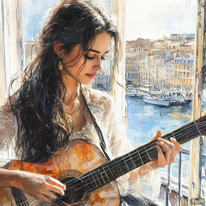 A woman plays a guitar by a window overlooking a picturesque harbor, creating a peaceful and artistic scene.