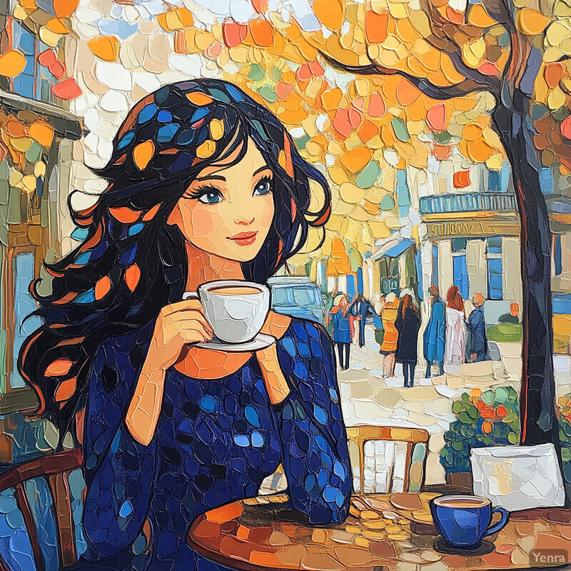 A woman enjoys coffee outside a cafe in Montmartre, Paris