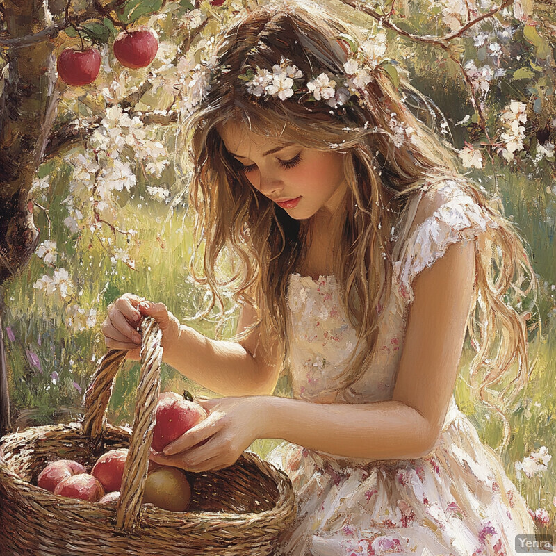 A young girl picking apples from an apple tree in a lush green orchard