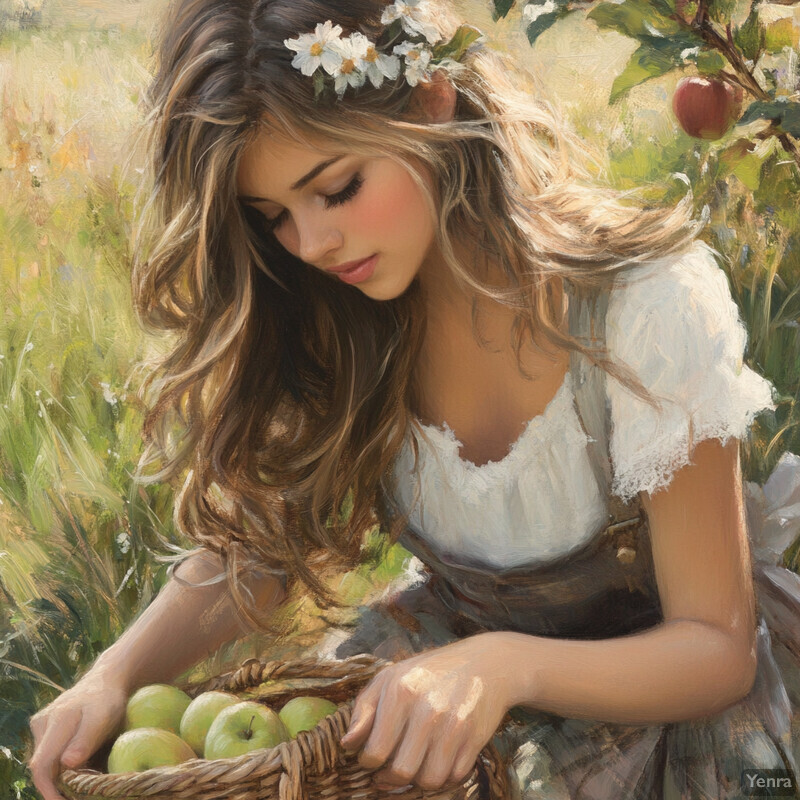 A young woman picks apples in an orchard, surrounded by lush greenery and a sense of serenity.