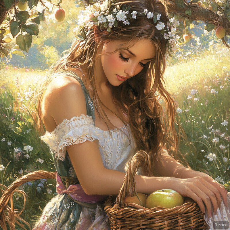 A young woman sits under an apple tree in a serene landscape