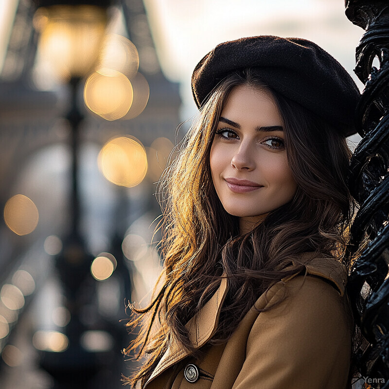 A woman exudes Parisian elegance in front of a bridge or pier