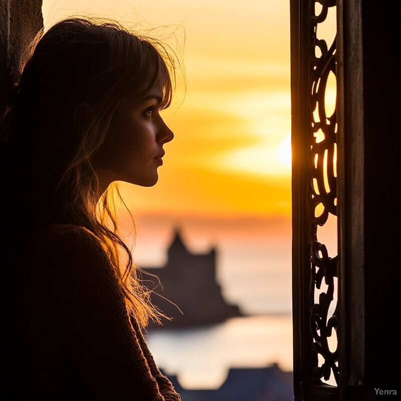 Silhouette of a woman gazing at Saint-Malo's old town and harbor during sunset