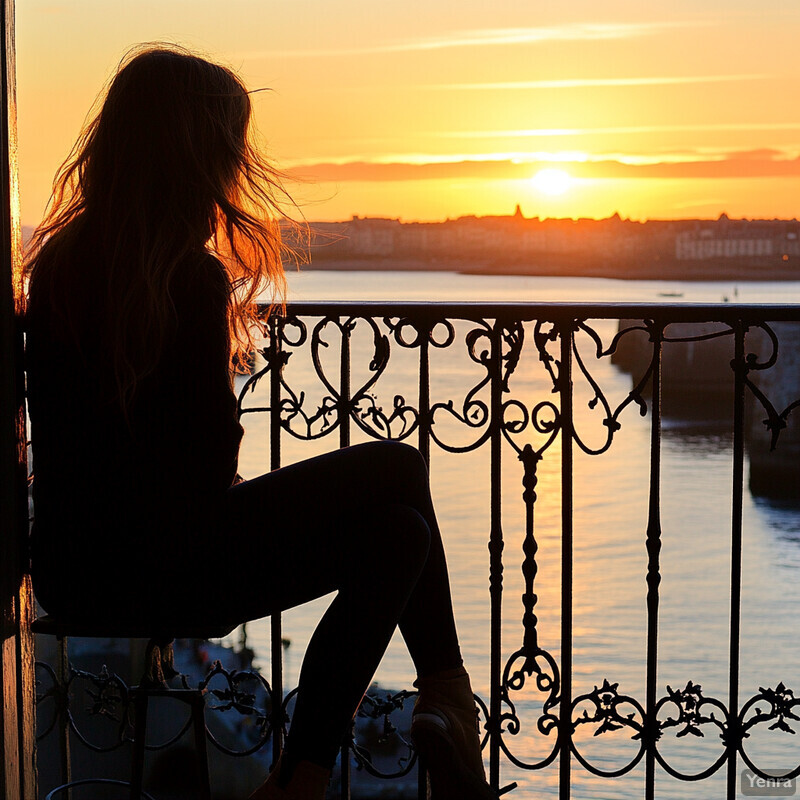 Woman gazing out at water from balcony