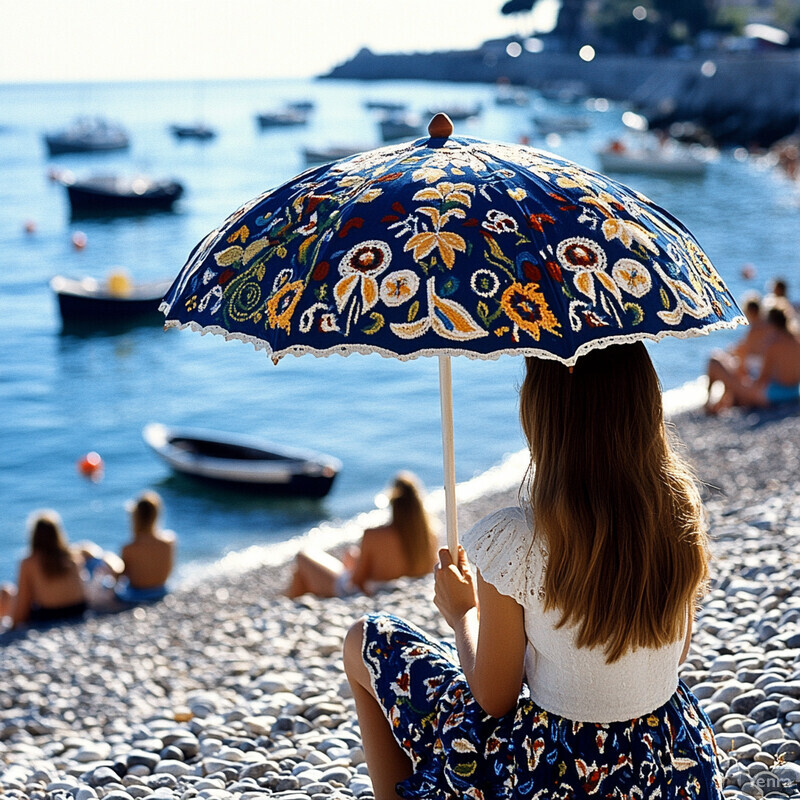 A woman sits on a rocky beach, gazing out at the water under an umbrella.