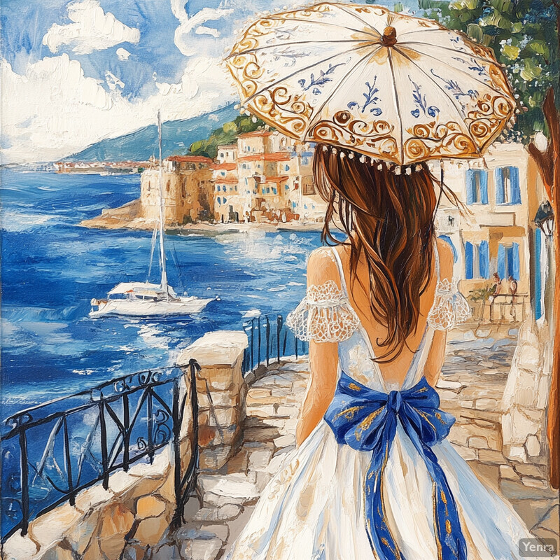 A serene seaside scene with a woman in a white dress and ornate umbrella hat gazing out at the ocean